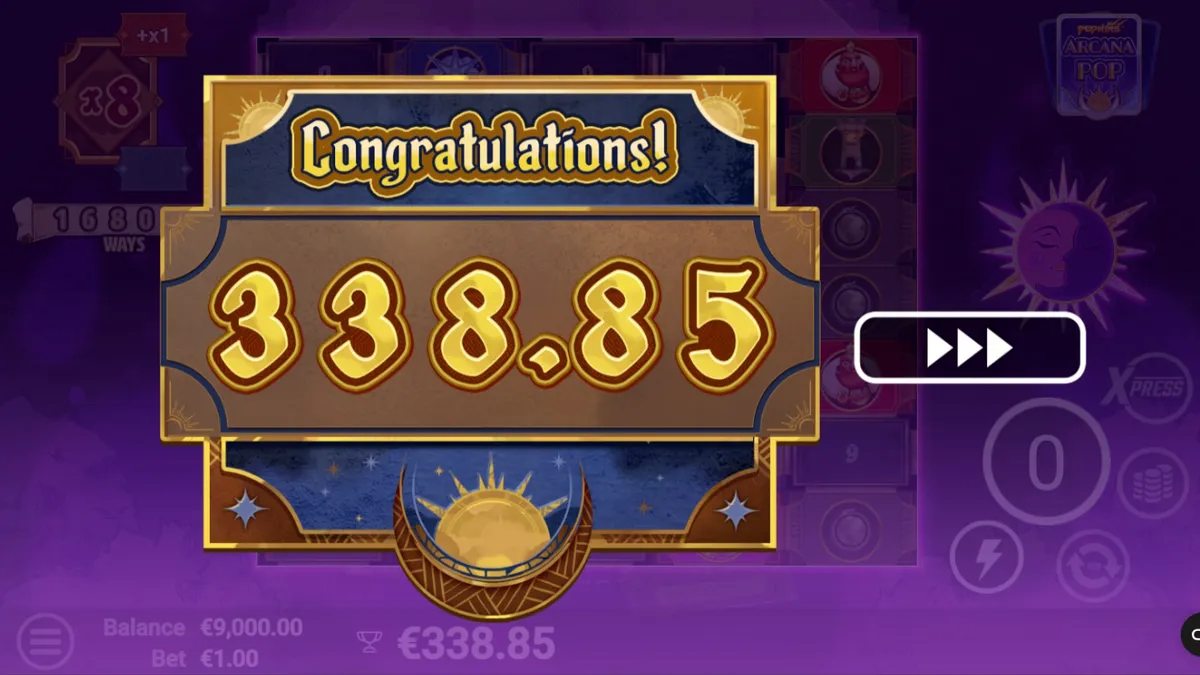 Tampilan visual mistis slot Arcana Pop dengan simbol tarot dan elemen astrologi