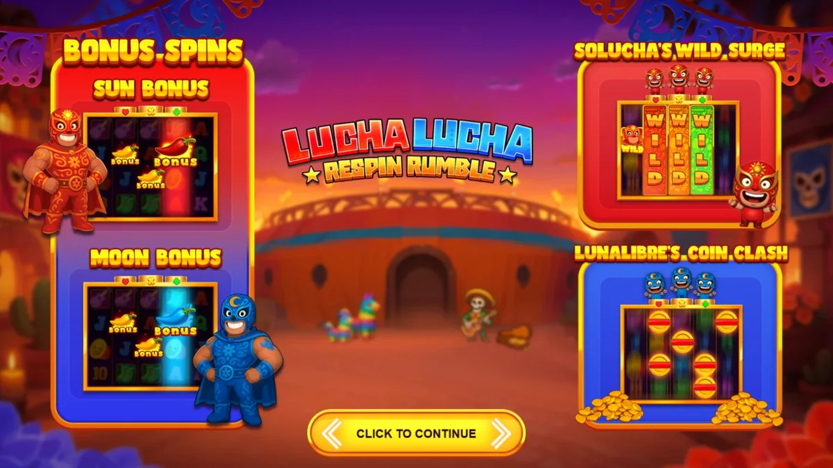 Lucha Lucha Respin Rumble slot game screen featuring masked wrestlers and vibrant Mexican fiesta theme.