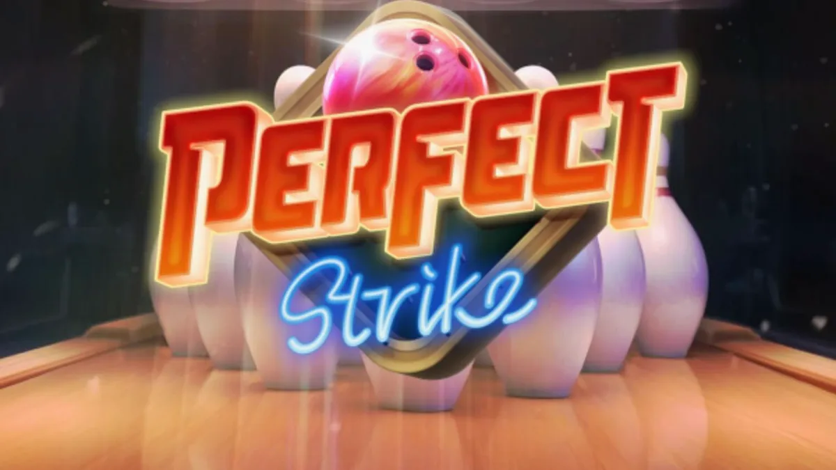 Tampilan visual slot Perfect Strike dengan tema neon bowling