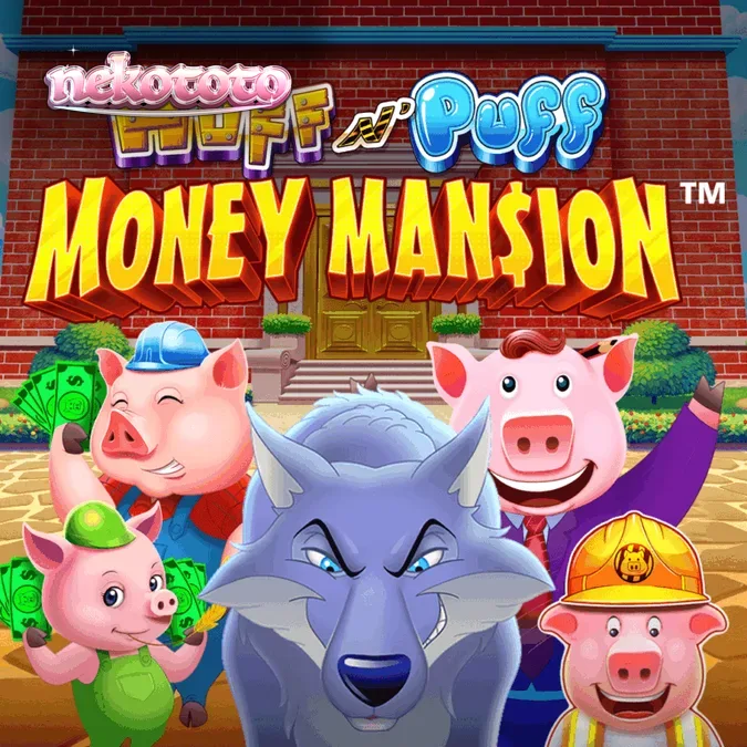 Tampilan visual slot Huff N Puff Money Mansion dengan karakter babi dan elemen mansion